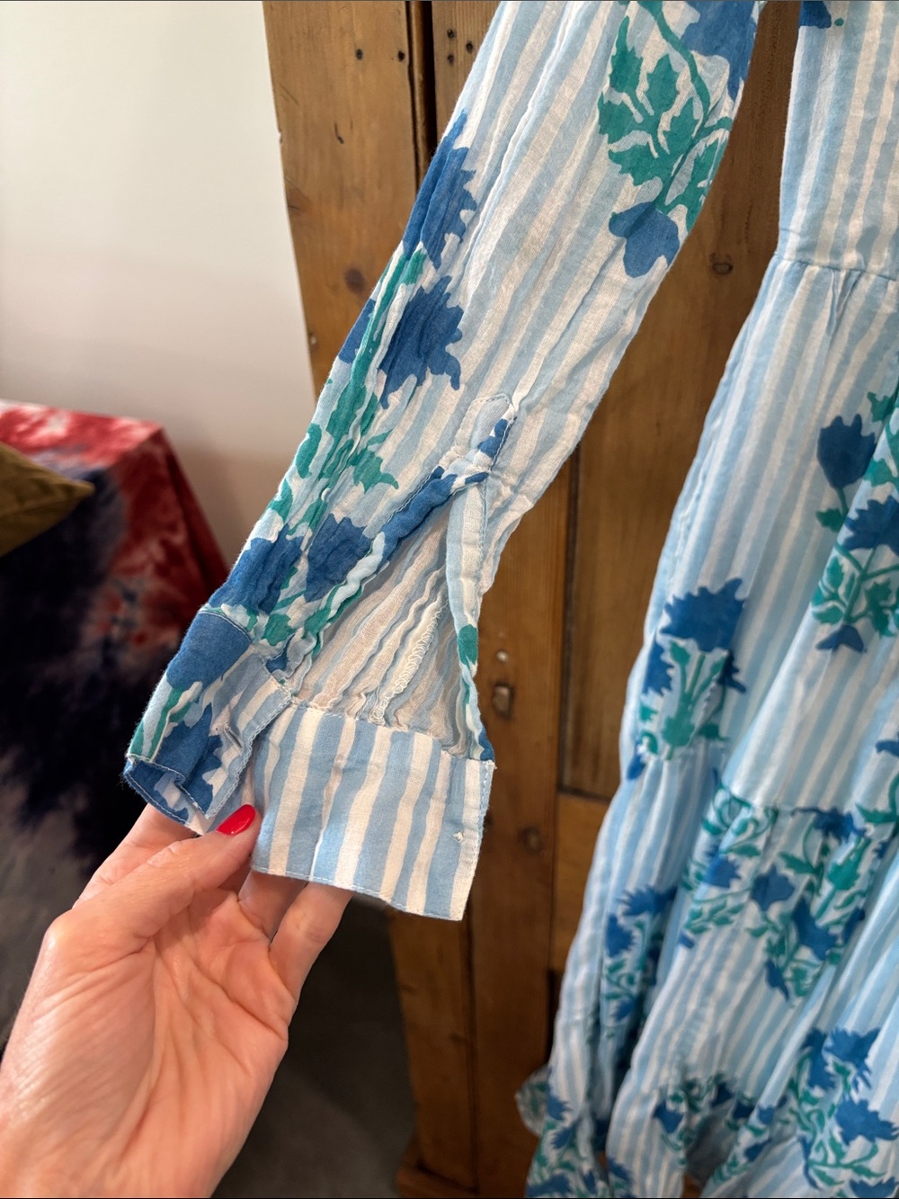 Oliphant Blue and Teal Striped Floral Button-Front Dress - Picture 4 of 7